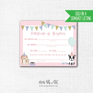 May include: A pink certificate of adoption with a banner of blue, gold, and mint green pennants. The certificate includes spaces to fill in details about the pet and owner, and features illustrations of a dog and a puppy.