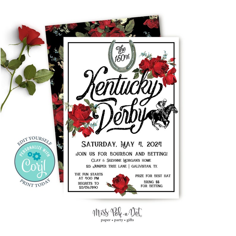 Kentucky Derby Party Invitation, Editable Digital Invite, Horse Race, Vintage Rose, Run For the Roses, Digital Download image 1