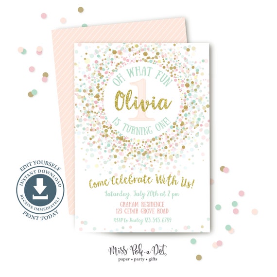 Invitation A La Fete De 1er Anniversaire A La Menthe En Or Etsy France