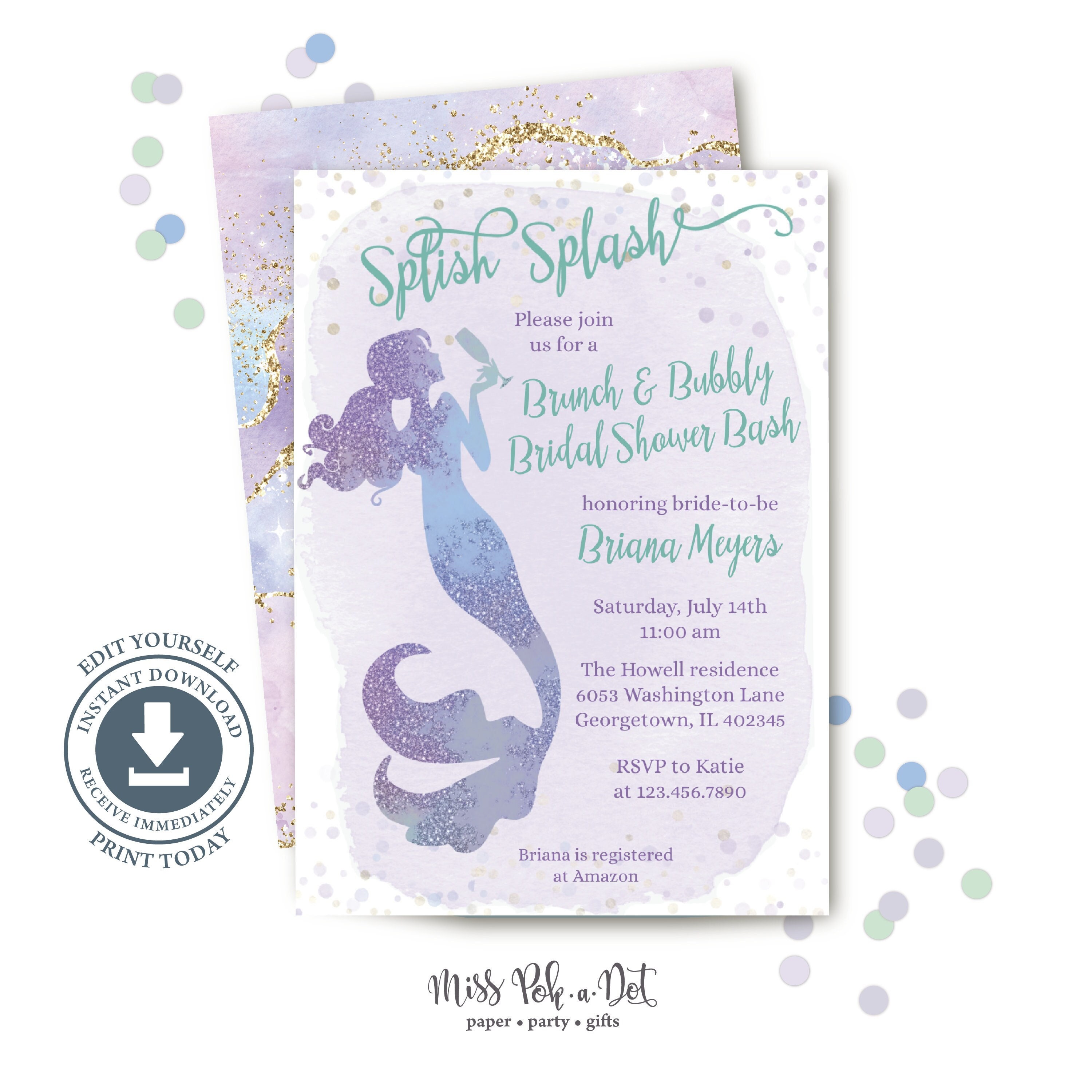 Mermaid Bridal Shower Invitation Editable Digital Bubbly Etsy