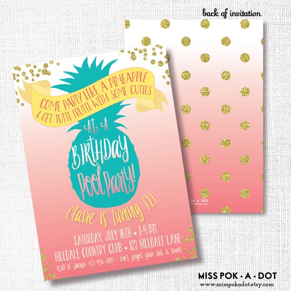pineapple pool birthday party invitation printable tween etsy teenage girl birthday invitations