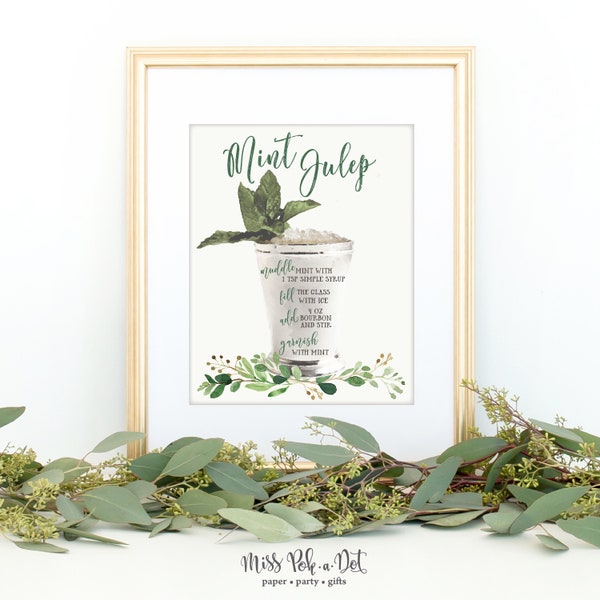 Mint Julep Recipe Party Sign, Printable, Horse Race Decoration, Decor, Greenery, Recipe, Bar, Drink, Racing, Green, Gold, Instant Download,