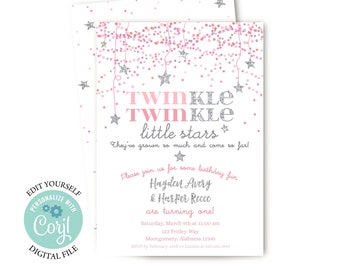 Twinkle Twinkle Little Star Birthday Party Invitation, Editable Digital File, Girl Twins, Pink, Silver, Confetti, Instant Download