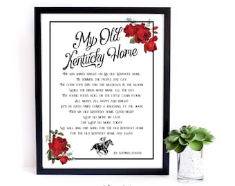 My Old Kentucky Home, Printable, Derby Decoration, Decor, Vintage, Song Lyrics, Red Rose, Black, Download, Digital, Singalong. Song Sheet