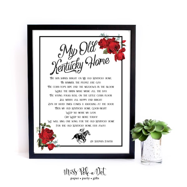 My Old Kentucky Home, Printable, Derby Decoration, Decor, Vintage, Song Lyrics, Red Rose, Black, Download, Digital, Singalong. Song Sheet