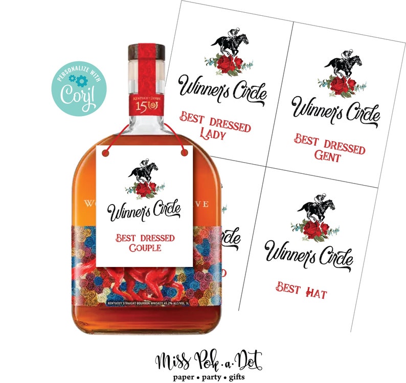 May include: A bottle of Kentucky Straight Bourbon Whiskey with a label featuring a horse and rider, roses, and the words "Winner's Circle." Includes tags for "Best Dressed Lady," "Best Dressed Gent," "Best Dressed Couple," and "Best Hat."