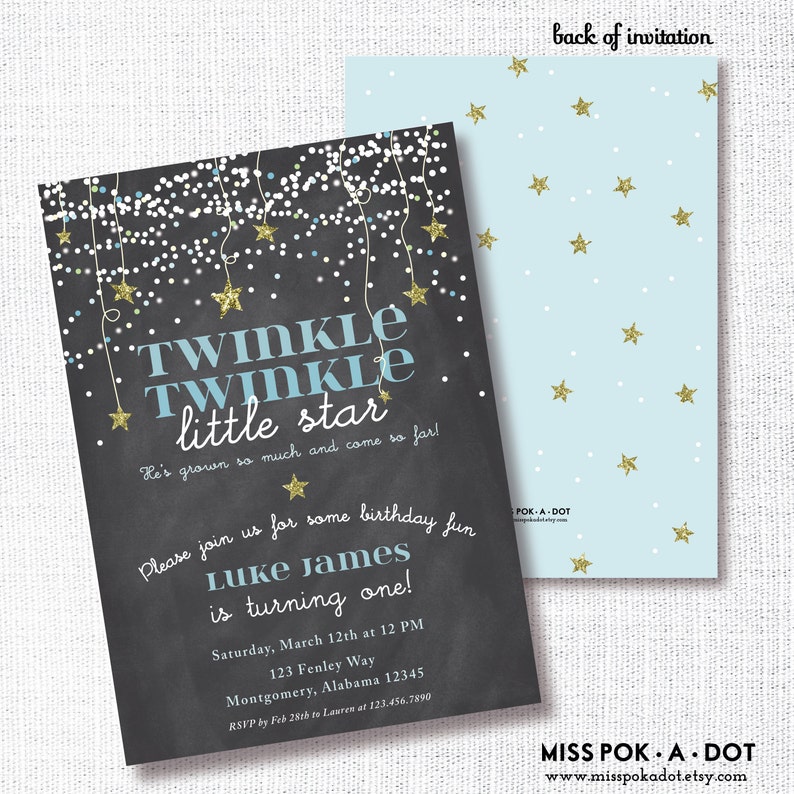 Twinkle Twinkle Little Star Birthday Party Invitation, Printable, Blue Chalkboard Invite, Blue, Gold, Confetti Stars, Boy image 1