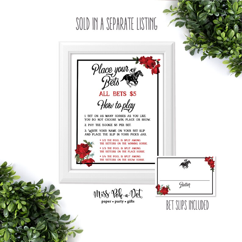 May include: A white framed print with the text "Place your Bets" and "All Bets &pound;5". The print features instructions on how to play, a horse racing graphic, and red rose decorations. A bet slip is also included.