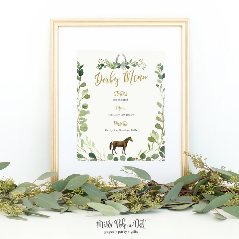 Derby Menu Sign, Editable Printable, Derby Race Horse, Decor, Greenery, Dinner, Buffet, Food, Download, Digital, Menu, Green, Gold image 1