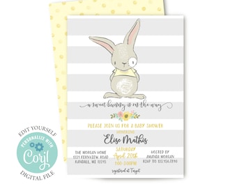 Bunny Baby Shower invitation, Gender Neutral, Editable Digital File, Invite, Sprinkle, Grey, Yellow, Sip And See, Easter, Modern, Download