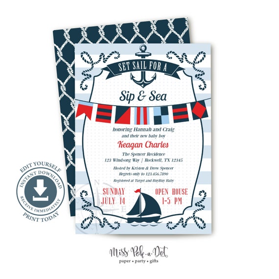 Ancla Nautica Sip Y Mar Invitacion Editable Imprimible Bebe Etsy Espana
