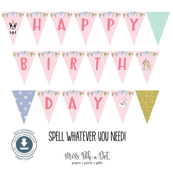Puppy Dog Happy Birthday Pennant Banner Editable Printable Etsy
