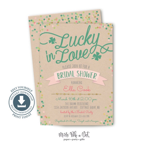 Lucky In Love Irish Bridal Shower Invitation, Editable Printable, St Patrick's Invite, Download, Bachelorette Party, Lucky Charm, Shamrock
