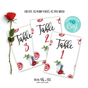 May include: White table number cards with red rose and cocktail illustrations. Each card features a table number in red, with the word "Table" in black script. The cards are decorated with red rose and cocktail illustrations. The text "CREATE AS MANY PAGES AS YOU NEED!" is at the top.