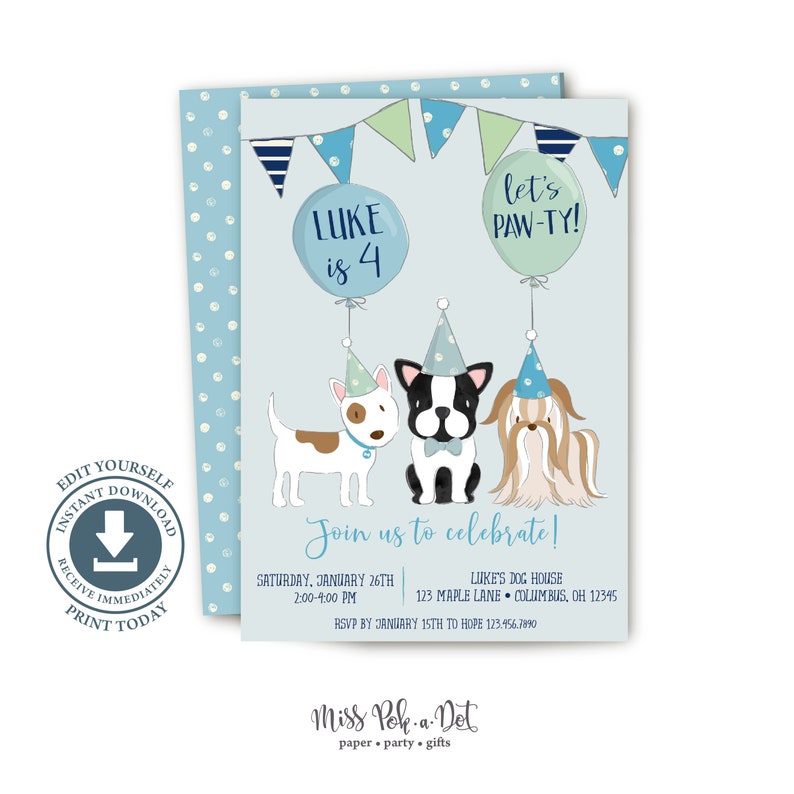 Puppy Dog Birthday Party Invitation Printable Invite Blue Etsy