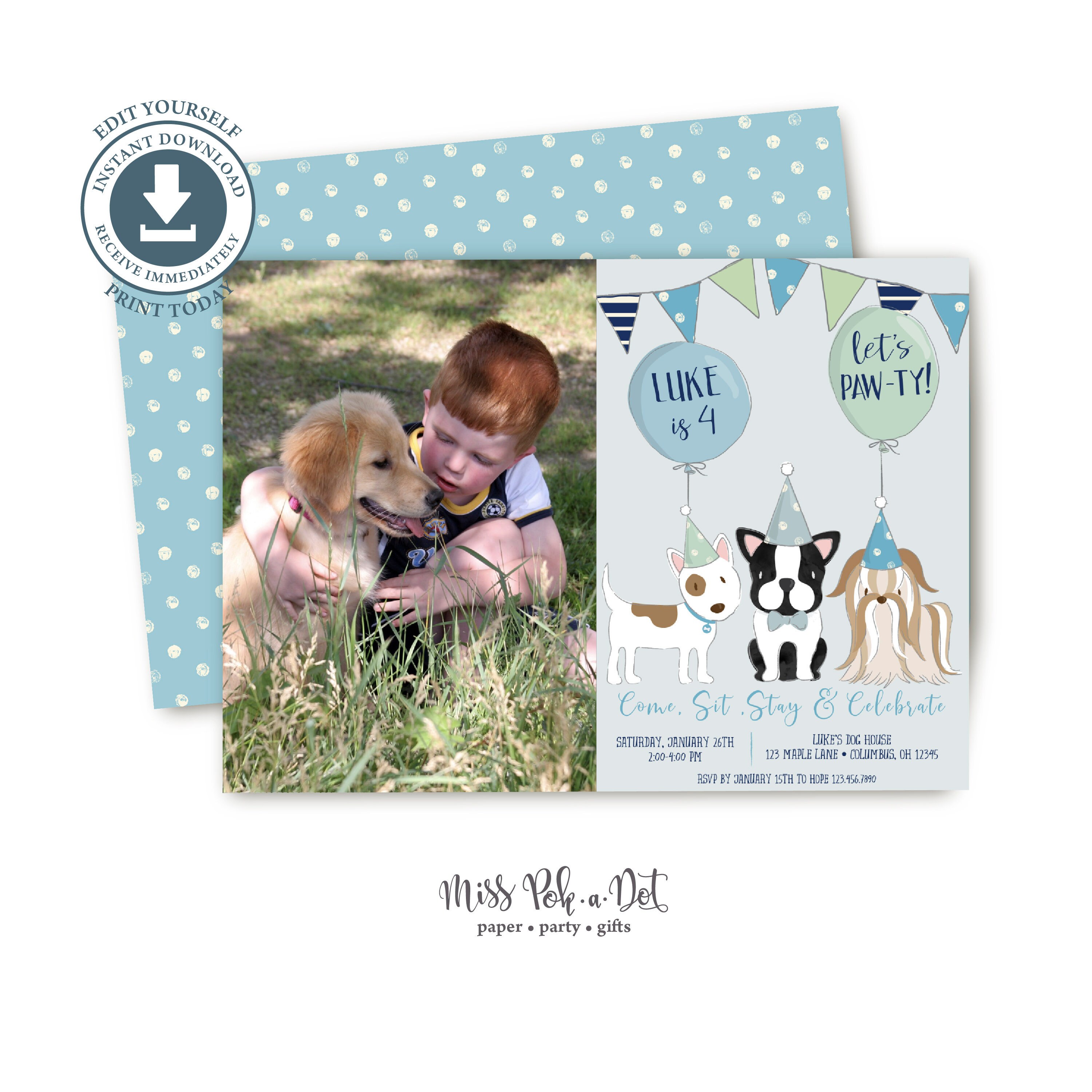 Dog Birthday Party Invitation With Photo, Editable Printable Puppy ...