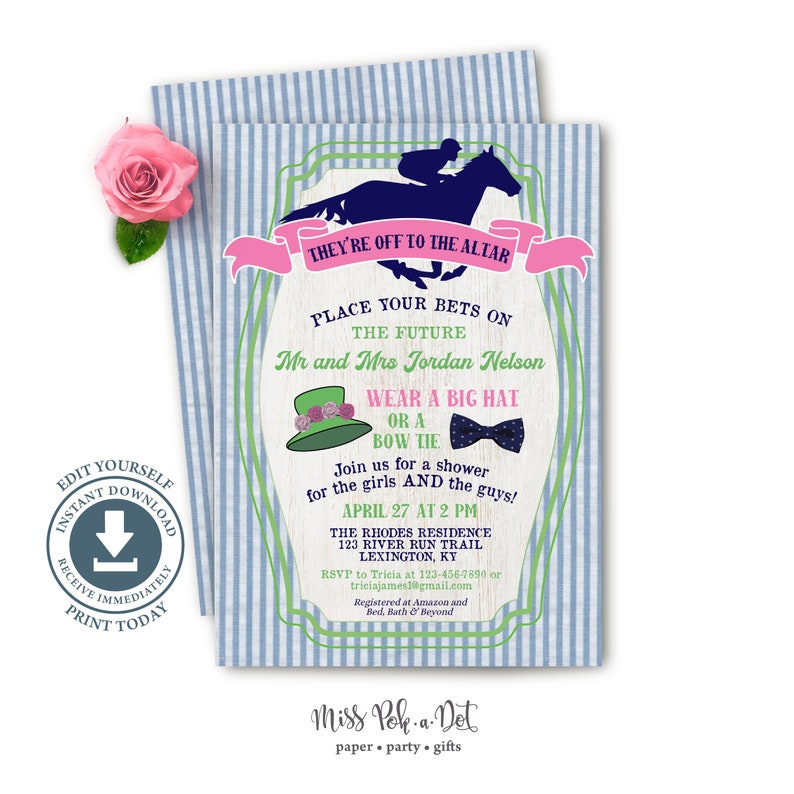 Kentucky Derby Seersucker Bridal Shower Invitation, Editable Digital, Horse Race Invite, Couples, Hat, Bow Tie, Wedding, Southerm image 1