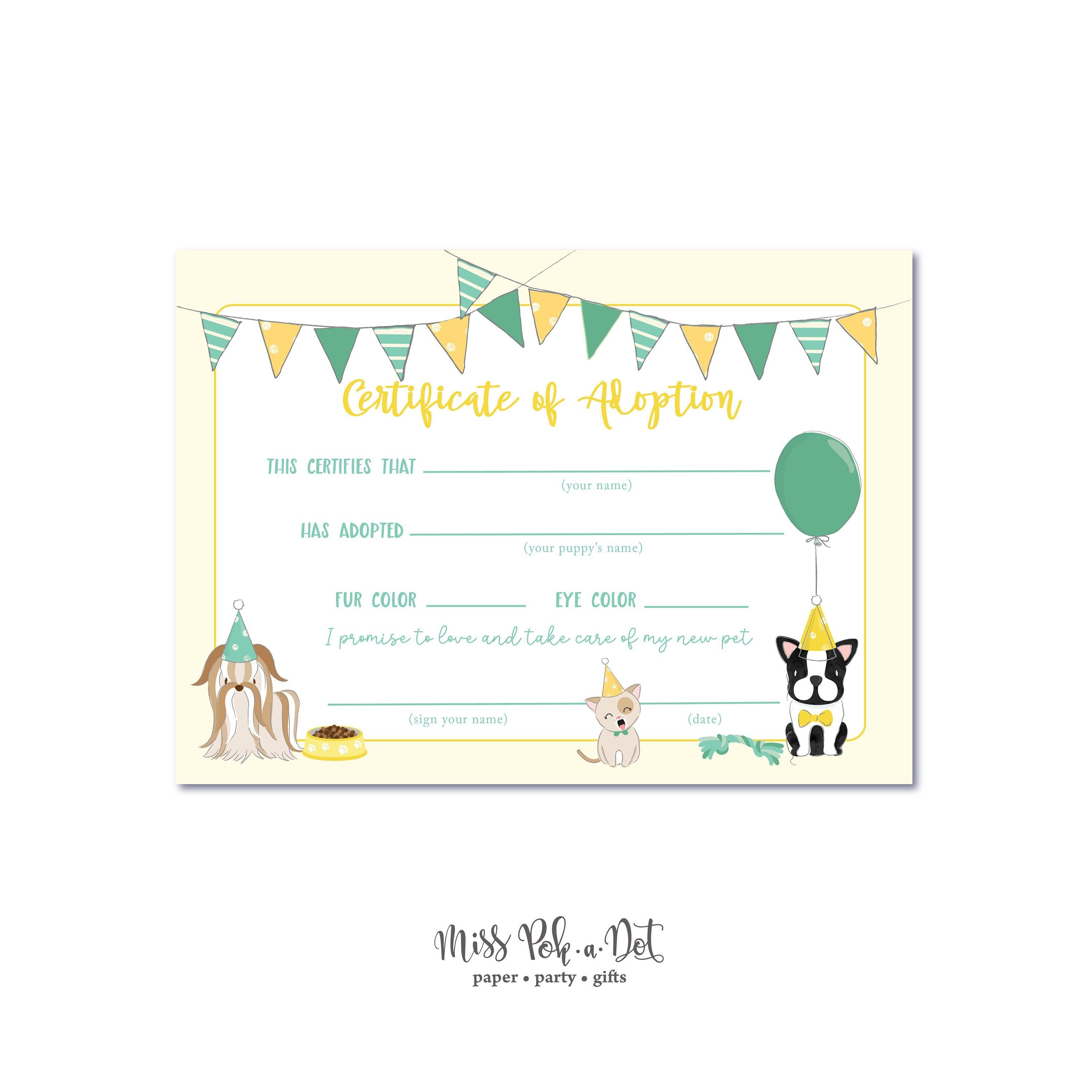 Pet Adoption Certificate, Printable, Dog Birthday Party, Adopt A Pet ...