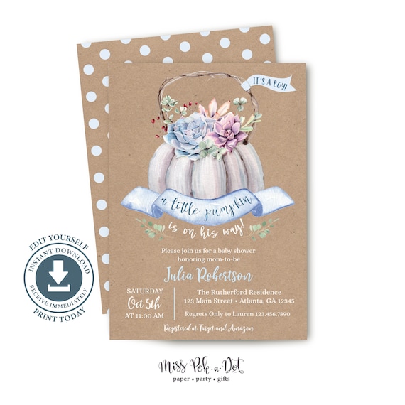 Pumpkin Boy Baby Shower Invitation Editable Printable Fall Invite Sprinkle White Cottage Chic Boho Succulent Bohemian