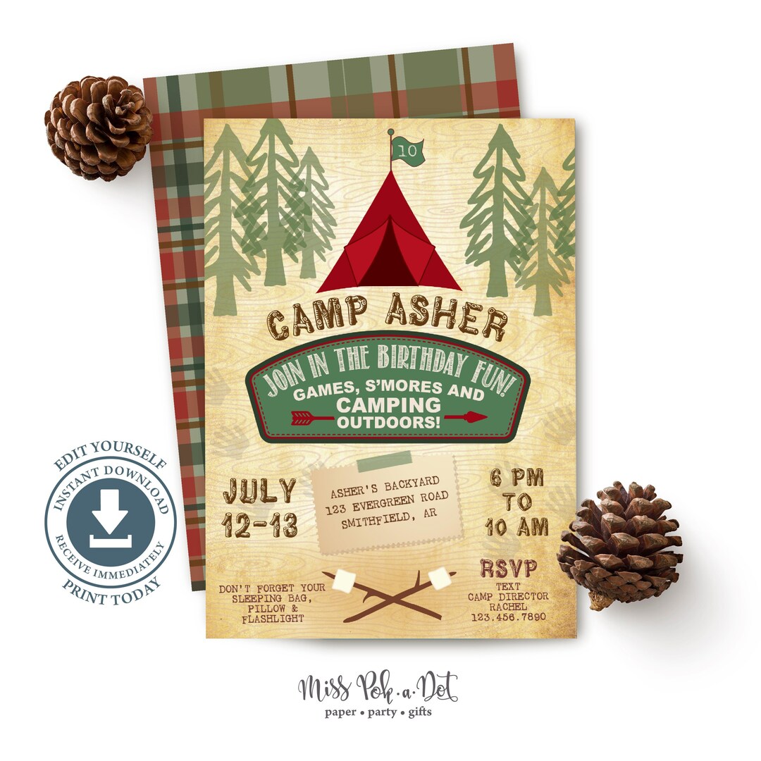 Camping Birthday Invitation, Editable Printable, Camp Out Invite ...