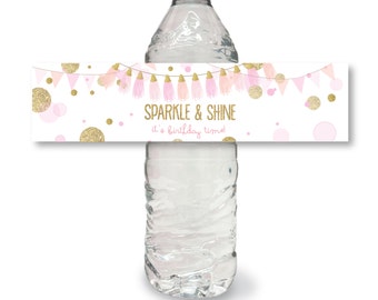 SPARKLE AND SHINE water bottle wrap pink gold glitter birthday printable  file diy water bottle sticker label instant digital download