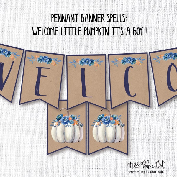 White Pumpkin Baby Shower Pennant Banner, Printable, Navy, Blue, Welcome Sign, It's A Boy, Fall, Instant Download, Party Decor, Boho, Rustic