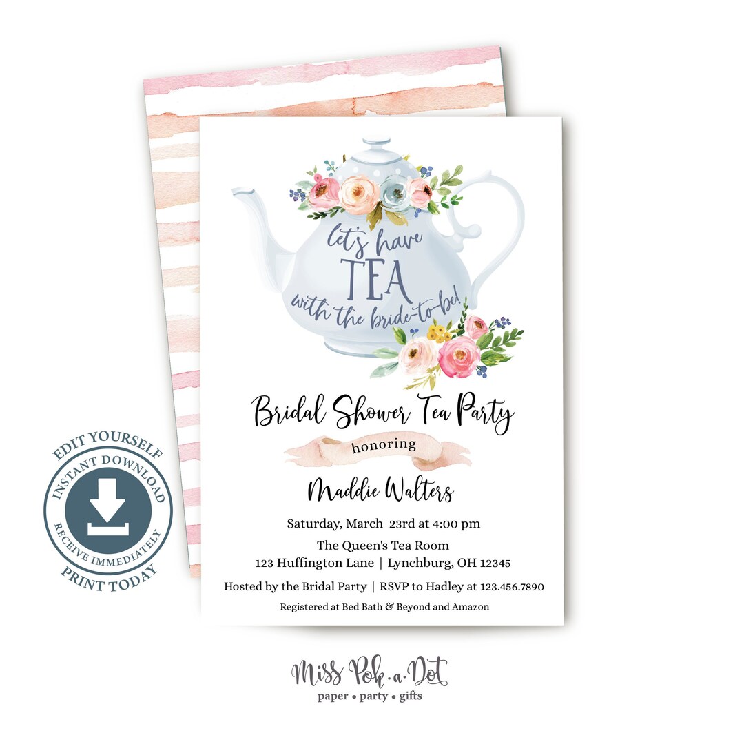 Tea Party Bridal Shower Invitation, Editable, Printable, Tea Pot Invite, Bridal, Wedding ...