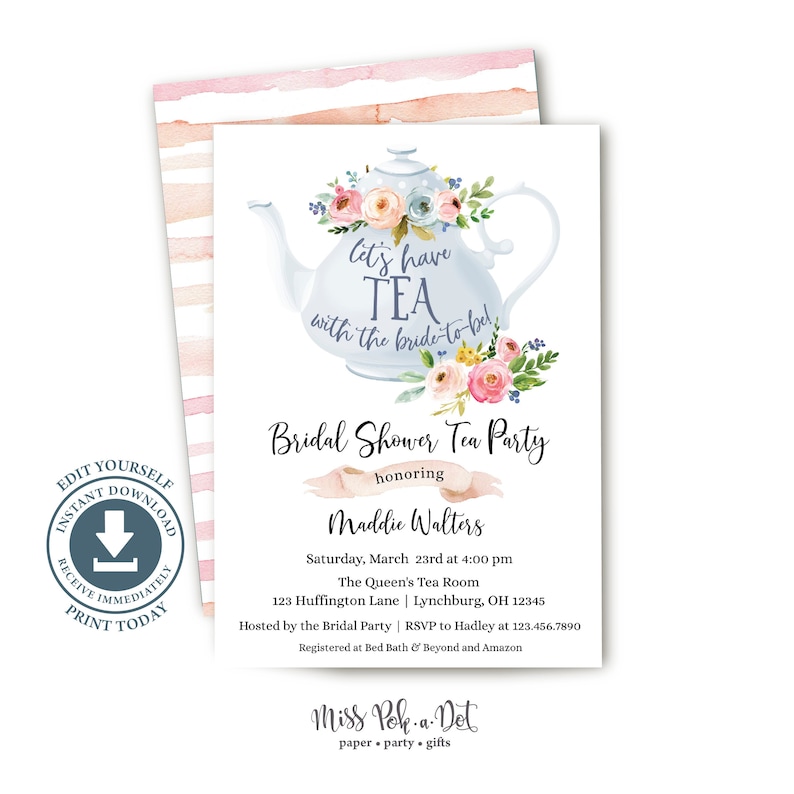 Tea Party Bridal Shower Invitation Editable Printable Tea Etsy