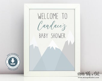 Mountain Adventure Baby Shower Welcome Sign, Printable, Begins, Awaits, Neutral, Gray, Blue, Customized, Modern, Simple