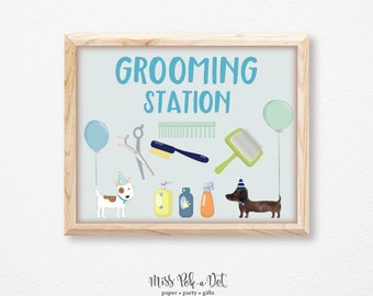 Grooming Station Sign, Printable, Dog Birthday Party, Puppy Adoption, Boy, Blue, Green, Brushing, Groomer, Instant Download, Digital, Decor