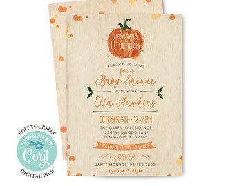 Editable Fall Gender Neutral Baby Shower Invitation Little Pumpkin Invite lil pumpkin Printable Corjl Template Download