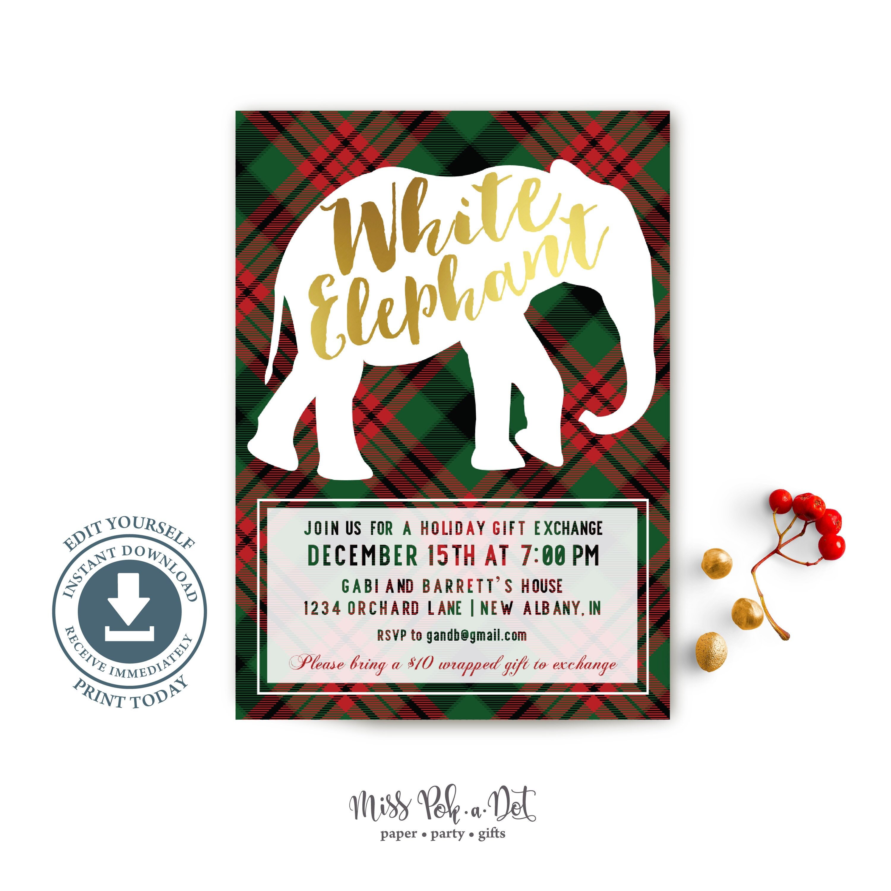 White Elephant Party Template Set, Gift Exchange Party Invitation