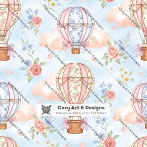 May include: A seamless pattern featuring hot air balloons with pink and floral panels, light blue sky, soft peach clouds, and bouquets of pink roses, daisies, and blue flowers. The text Cozy Art & Designs PREMIUM SEAMLESS PATTERNS is visible.