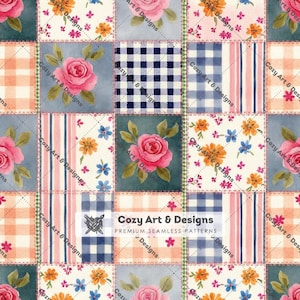 Könnte beinhalten: Ein nahtloses digitales Muster mit einem Patchwork-Gitter aus Aquarellillustrationen. Die Quadrate zeigen rosa Rosen auf blauem Grund, marineblaues Vichy-Karo, orange-blaue Blumenmuster sowie Streifen mit dem Text Cozy Art & Designs.
