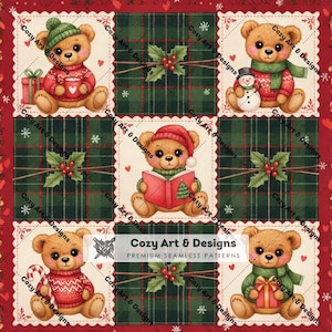 Christmas Teddy Bear Seamless Pattern, Cozy Plaid Holiday Quilt Fabric, Digital Paper JPG