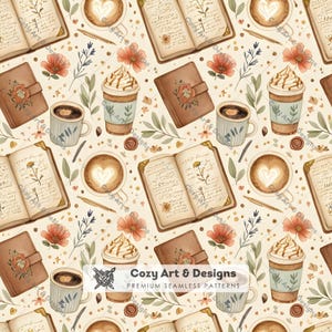 May include: A seamless pattern featuring open journals with handwritten text and floral illustrations, brown leather-bound notebooks, coffee mugs with heart-shaped foam, iced coffee drinks with whipped cream, pens, and orange flowers on a cream background.