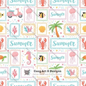 May include: A seamless pattern featuring rectangular frames containing illustrations of lobsters, jellyfish, seahorses, turtles, seashells, palm trees, and pink scooters, interspersed with the word Summer in a light blue script font.