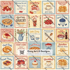 Puede incluir: Una cuadrícula de veinticinco ilustraciones cuadradas con diversos temas de comida y panadería, incluyendo panqueques, pasteles, cerezas, croissants y bebidas, con tipografía de estilo vintage y un patrón de borde a cuadros azules y rojos.