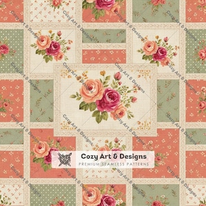 May include: A fabric pattern featuring a patchwork design of rectangular blocks in muted coral and sage green. The blocks display rose bouquets, white polka dots, and small floral prints, all framed by cream-colored lace borders with text.