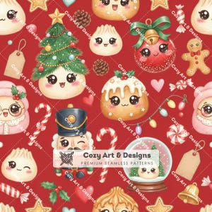 May include: A seamless pattern on a red background featuring cute, illustrated characters with large eyes, including a Christmas tree, a nutcracker, a snow globe, gingerbread cookies, candy canes, and ornaments, with the text Cozy Art & Designs.