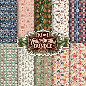 Peut inclure: Une collection numérique de dix motifs de Noël sans couture présentant divers thèmes festifs dont des maisons enneigées, des sapins, des boules, des oursons, des chaussettes, des lettres et des poinsettias, avec une étiquette centrale 10 in 1 Vintage Christmas Bundle.