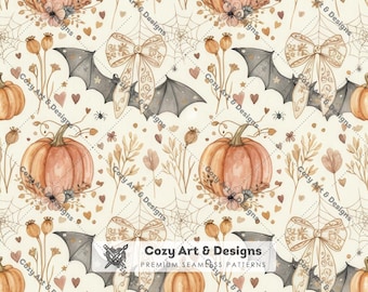Watercolor Pumpkin Seamless Pattern, Vintage Halloween Bats Bows, Fall Digital Paper
