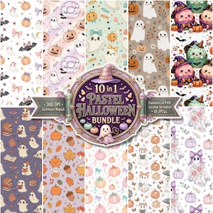 May include: A digital collection of 10 seamless Halloween patterns featuring pastel-colored ghosts, pumpkins, bats, and bows. The central emblem displays the text 10 in 1 PASTEL HALLOWEEN BUNDLE, 300 DPI Seamless Repeat, and Commercial POD License Included.