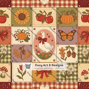 May include: A seamless pattern featuring a patchwork grid of autumn-themed illustrations including sunflowers, pumpkins, apples, acorns, mushrooms, daisies, a monarch butterfly, and a central goose wearing a red bow, with the text Cozy Art & Designs.
