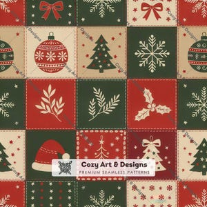Peut inclure: Un motif numérique sans couture composé d'une grille de carrés avec des motifs de Noël incluant des boules rouges, des sapins verts, des flocons blancs, du houx et des bonnets de Père Noël sur fond crème, rouge et vert avec le texte Cozy Art & Designs.