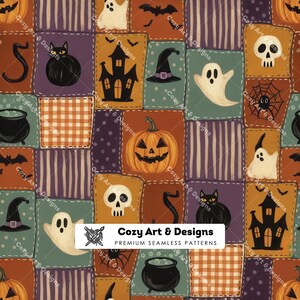 May include: A seamless fabric pattern featuring a patchwork design of Halloween motifs including orange pumpkins, black cats, white ghosts, skulls, haunted houses, witch hats, cauldrons, and spider webs on striped, polka dot, and checkered backgrounds.