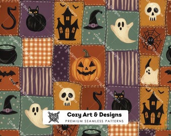 Halloween Quilt Seamless Pattern, Vintage Patchwork Ghost Cat Pumpkin