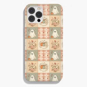 May include: A smartphone case featuring a repeating grid pattern of soft-toned squares. The design includes illustrations of white ghosts, orange and blue pumpkins, floral bouquets, and plaid squares with small stars in muted shades of peach and sage.