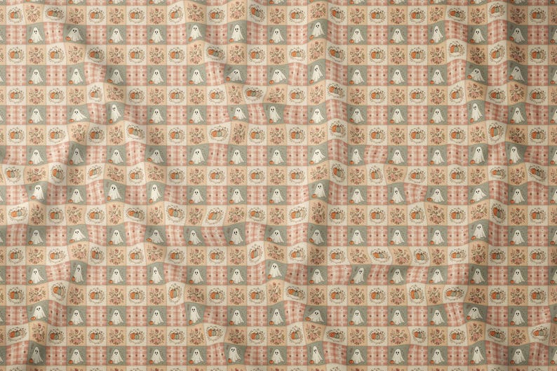 Cute Ghost Patchwork Seamless Pattern Fall Digital Paper Autumn Quilt Fabric Design JPG