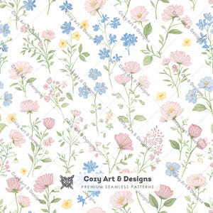 Puede incluir: Un patrón continuo con ilustraciones dibujadas a mano de flores silvestres rosas, azules y amarillas con tallos y hojas verdes sobre un fondo blanco. El texto Cozy Art & Designs Premium Seamless Patterns es visible en la parte inferior central.